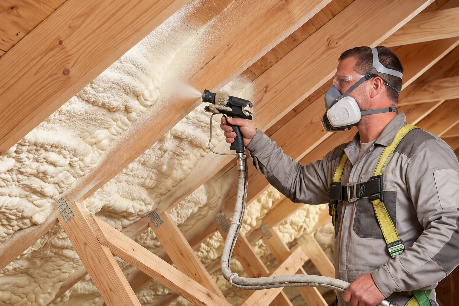 Worker wearing protective gear sprays foam insulation onto the underside of a wooden roof.