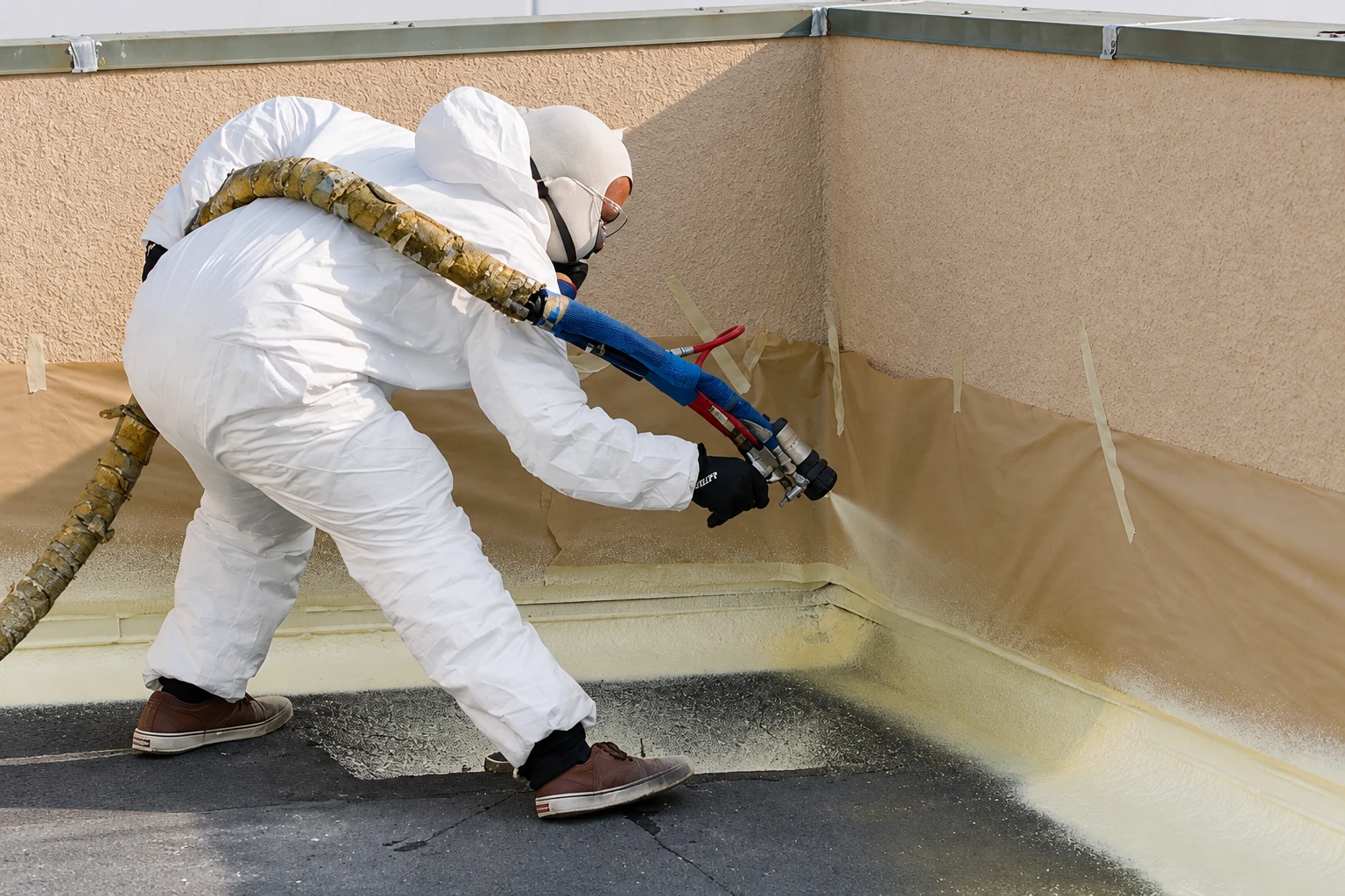 A worker in white protective gear sprays foam along the floor and walls of a rooftop enclosure.