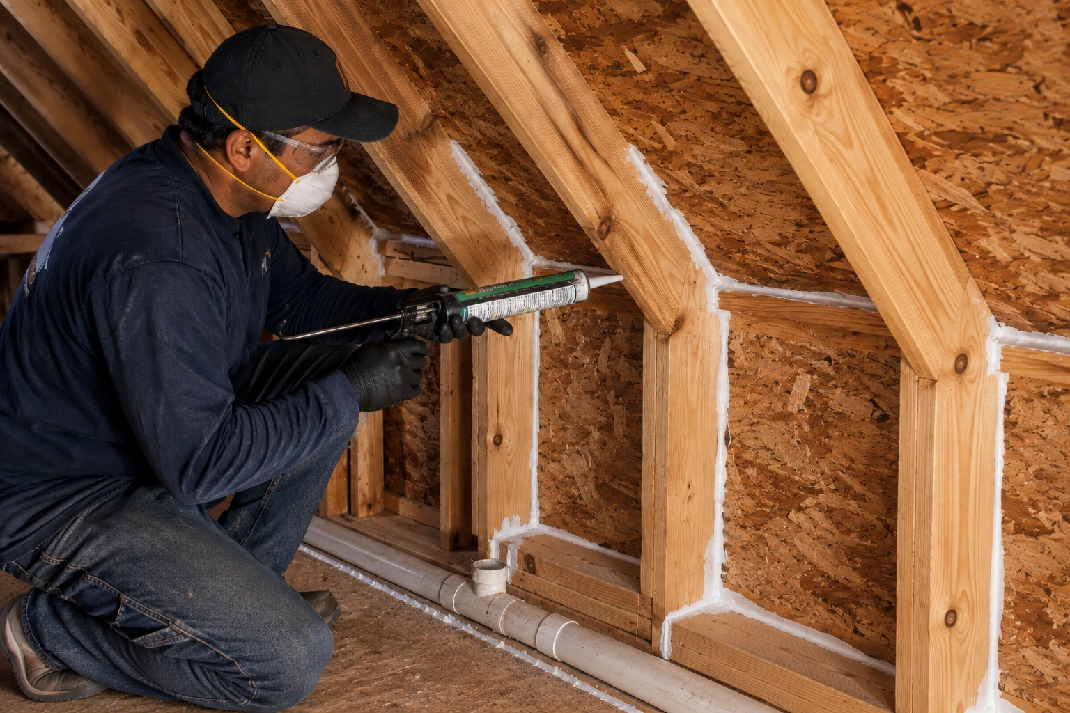 A worker in protective gear uses a caulking gun to seal joints between attic rafters.