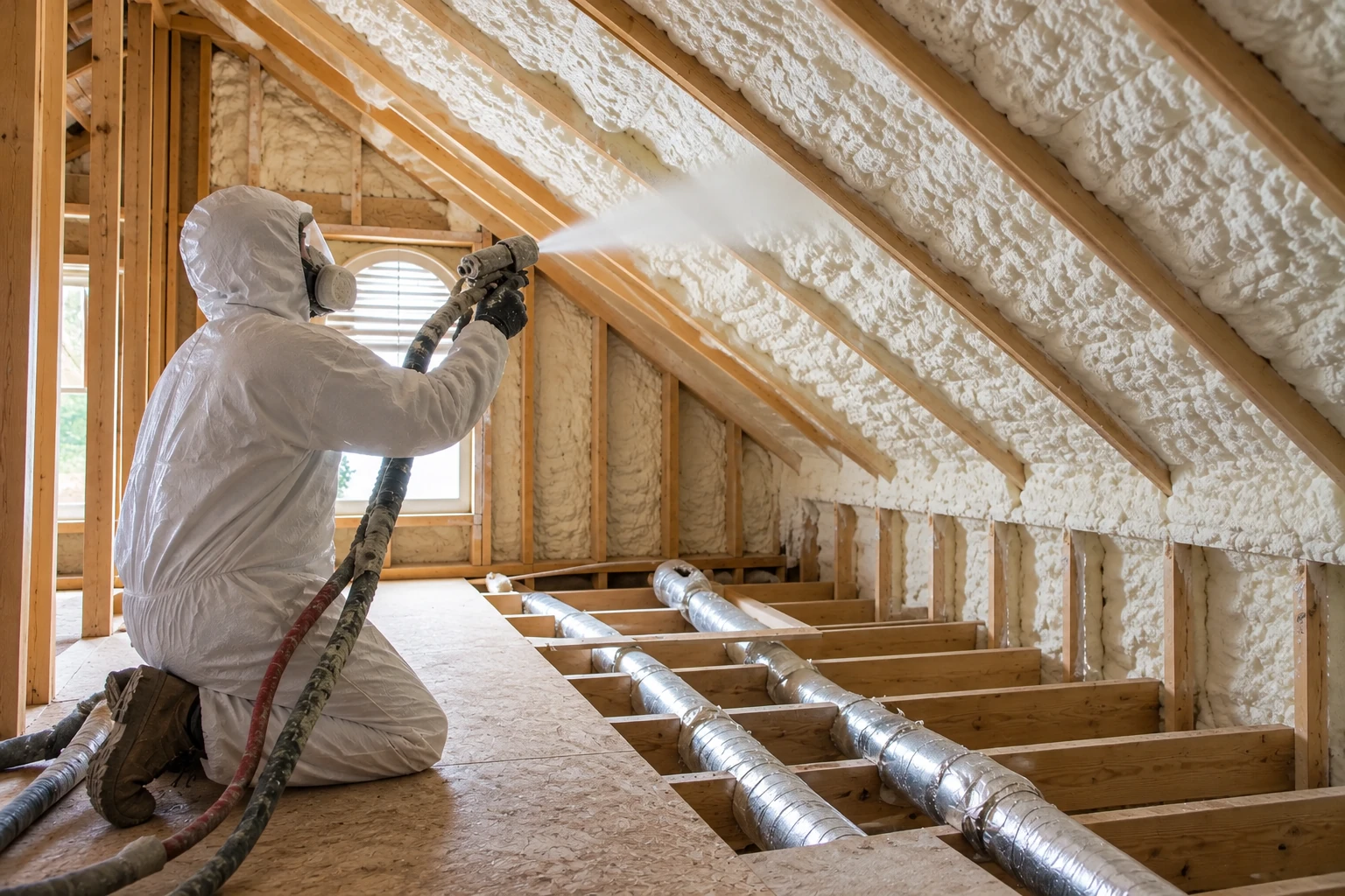 A worker sprays foam insulation onto the sloped rafters of a wood-framed attic.
