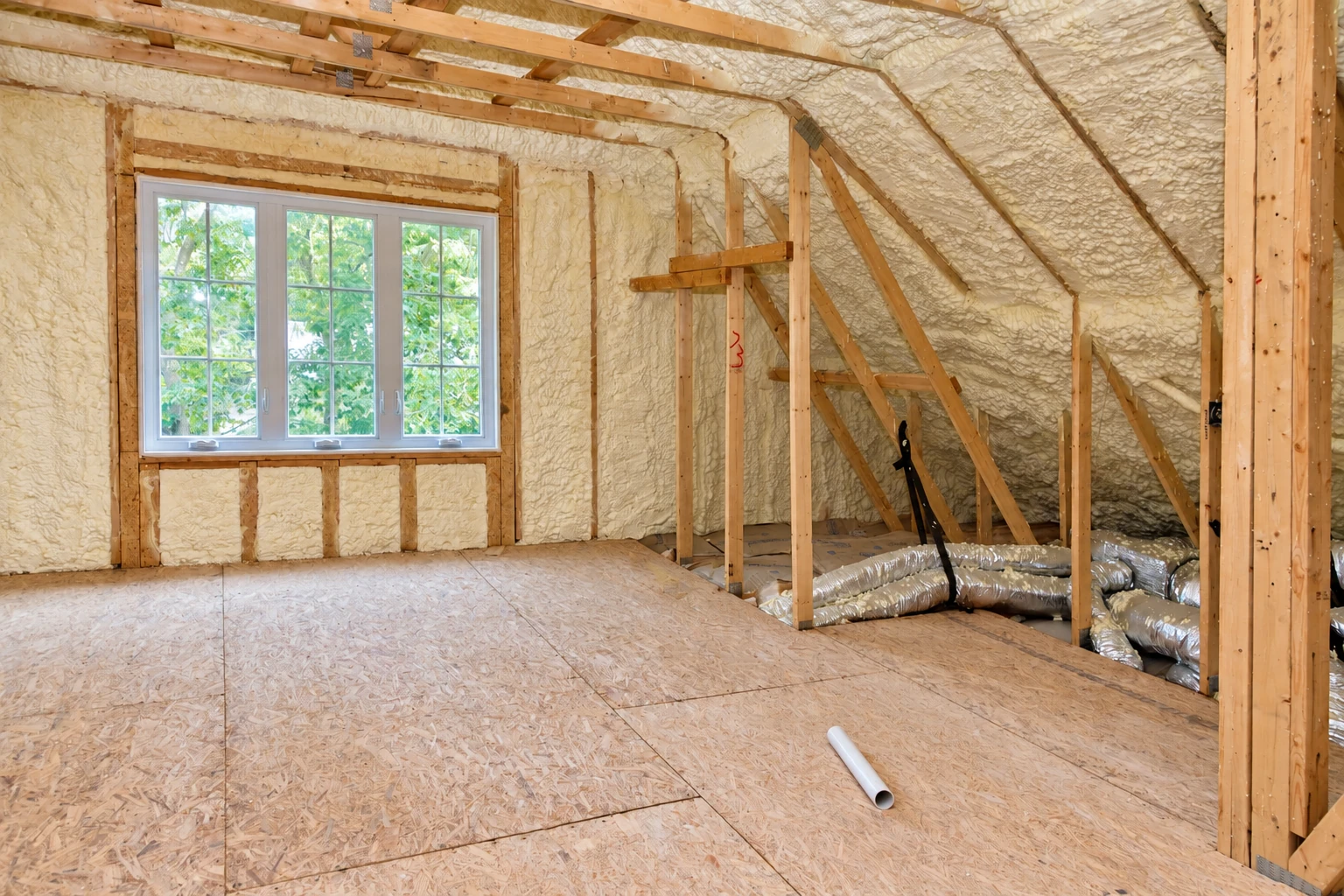 An unfinished attic has cream spray foam covering the sloped roof and walls, with exposed wooden framing and a window.