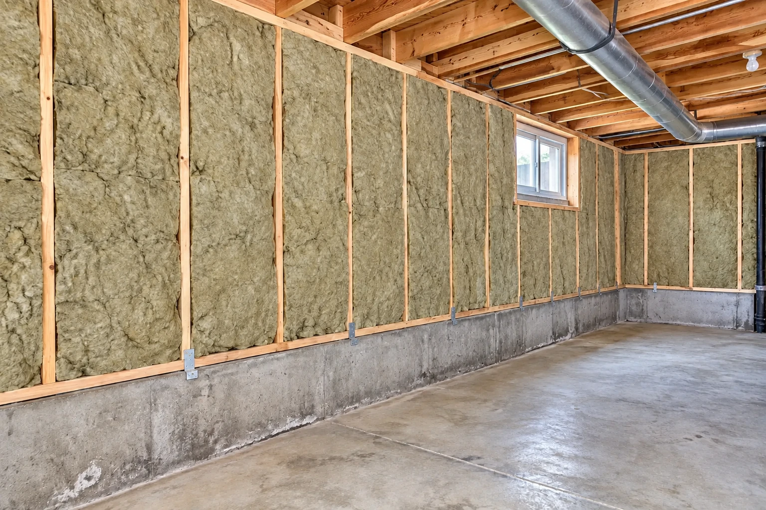 Basement with gray insulation fitted between wall studs above the concrete foundation and an exposed ceiling duct.