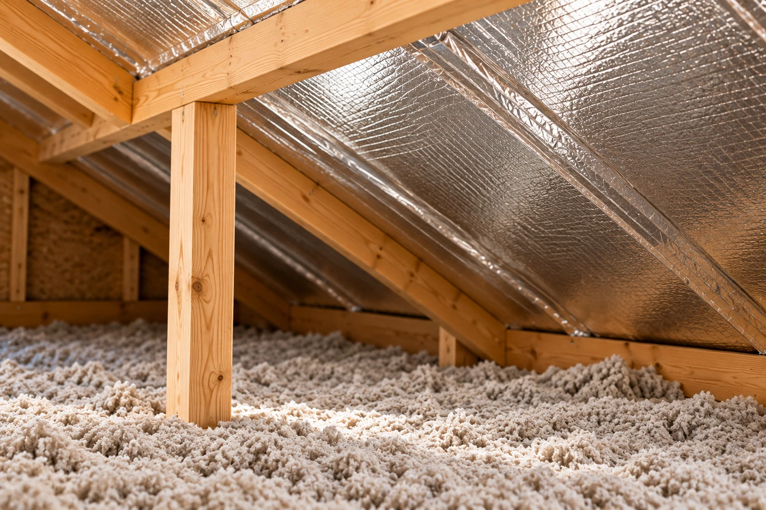 Loose-fill insulation covers an attic floor beneath reflective foil roof lining and exposed wooden rafters.