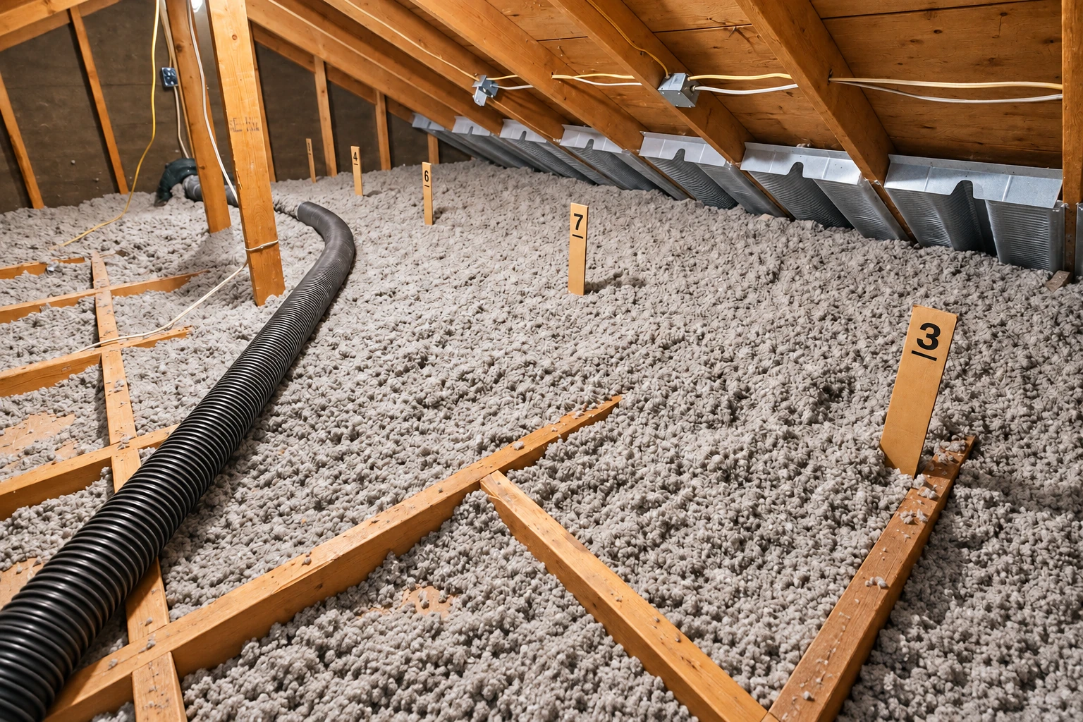 A black hose lies across a wood-framed attic floor covered with loose-fill insulation.