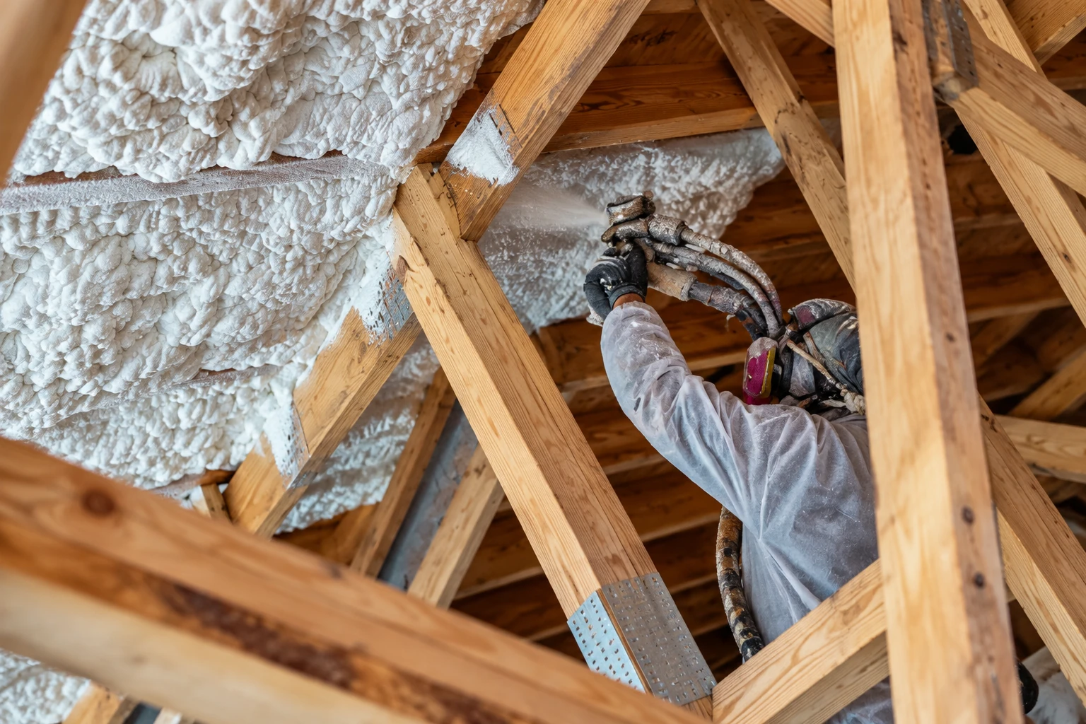 Worker applies spray foam insulation between wooden roof trusses, where thick white foam already covers the surrounding surfaces.