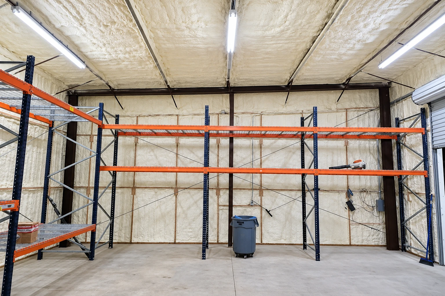 Commercial spray foam insulation covers a warehouse ceiling and walls above empty orange-and-blue storage racks.