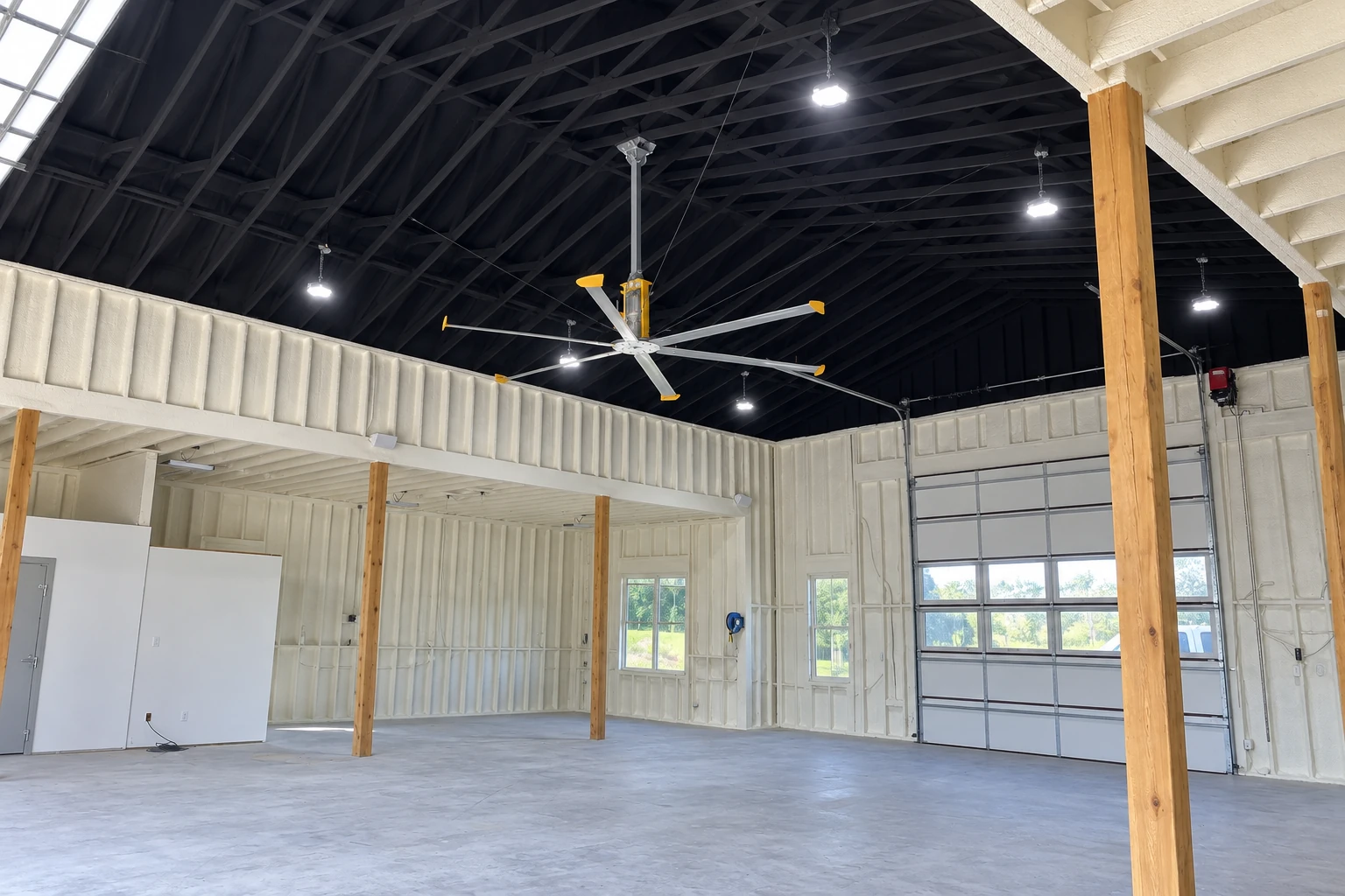 Large commercial building interior with white spray foam insulation coating the walls and roof, beneath a dark exposed truss ceiling.