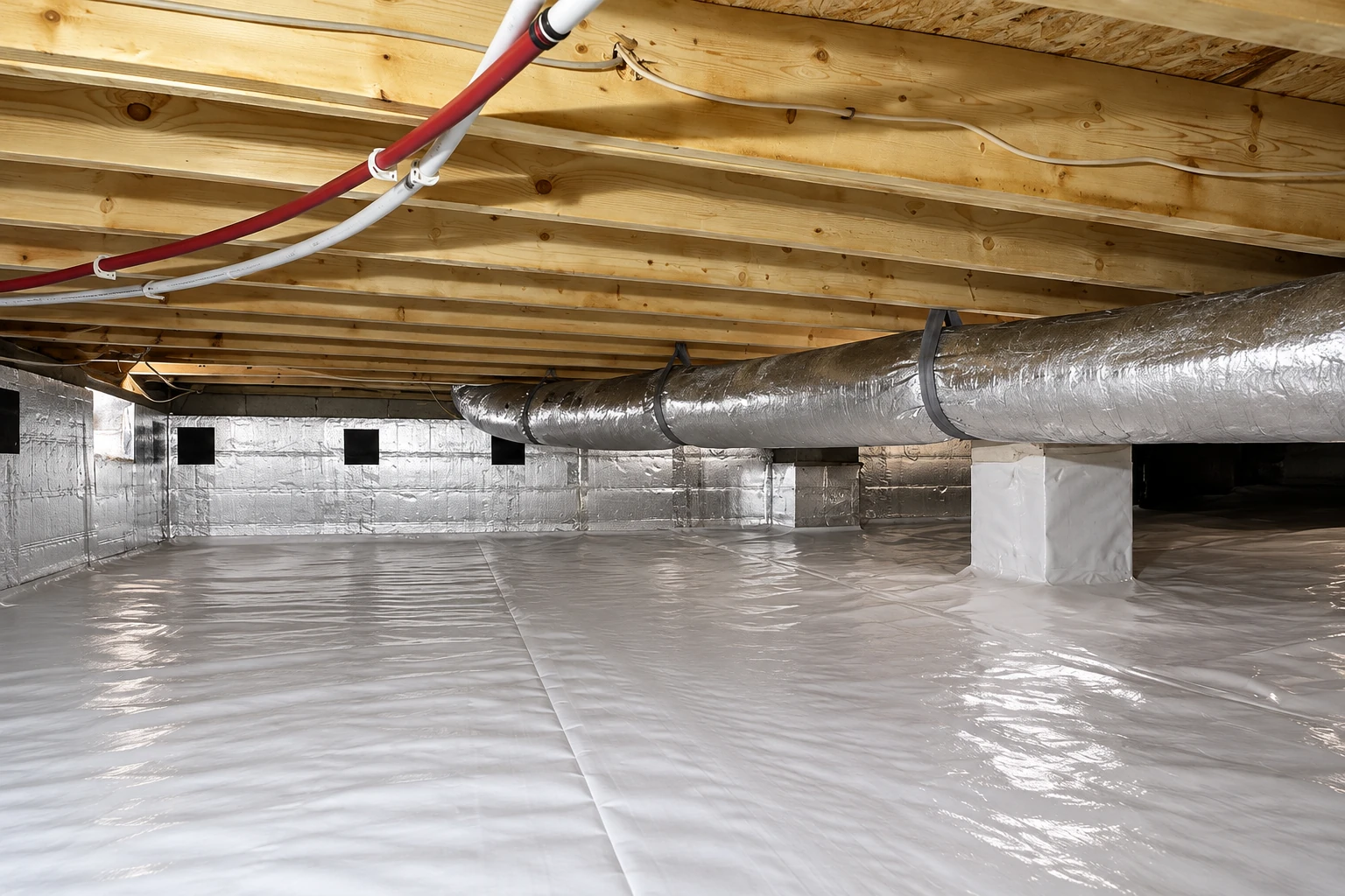 Crawl space with a shiny plastic vapor barrier covering the floor, foil-lined walls, and a large insulated duct beneath wooden joists.