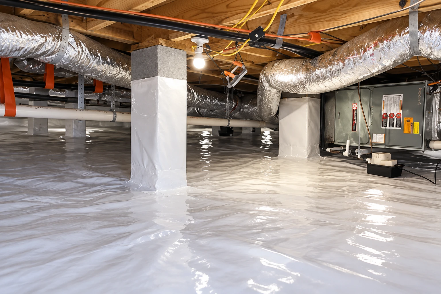 Crawl space with a white plastic vapor barrier covering the floor beneath ductwork, pipes, and wrapped support posts.
