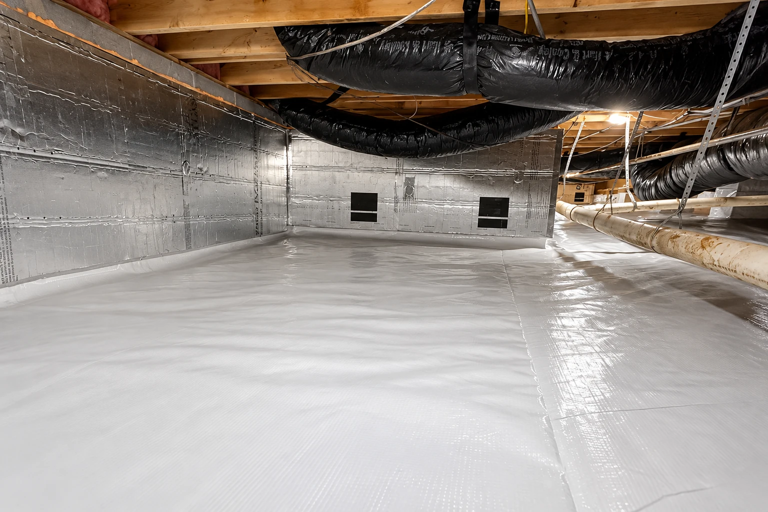A crawl space has reflective insulation on its walls, black flexible ducts overhead, and a white vapor barrier covering the floor.