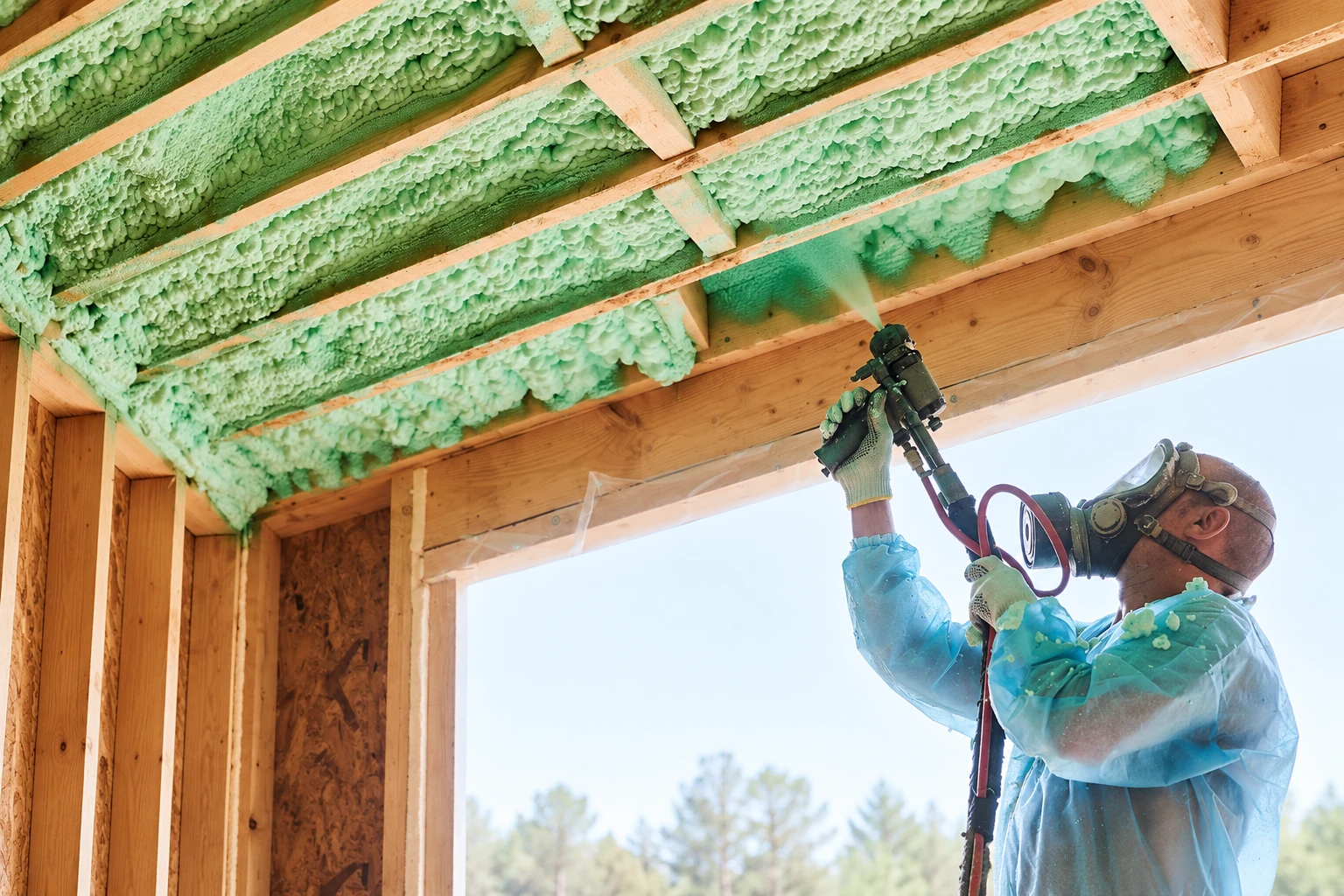 A worker in protective gear sprays green foam insulation into the ceiling cavities of a timber-framed structure.