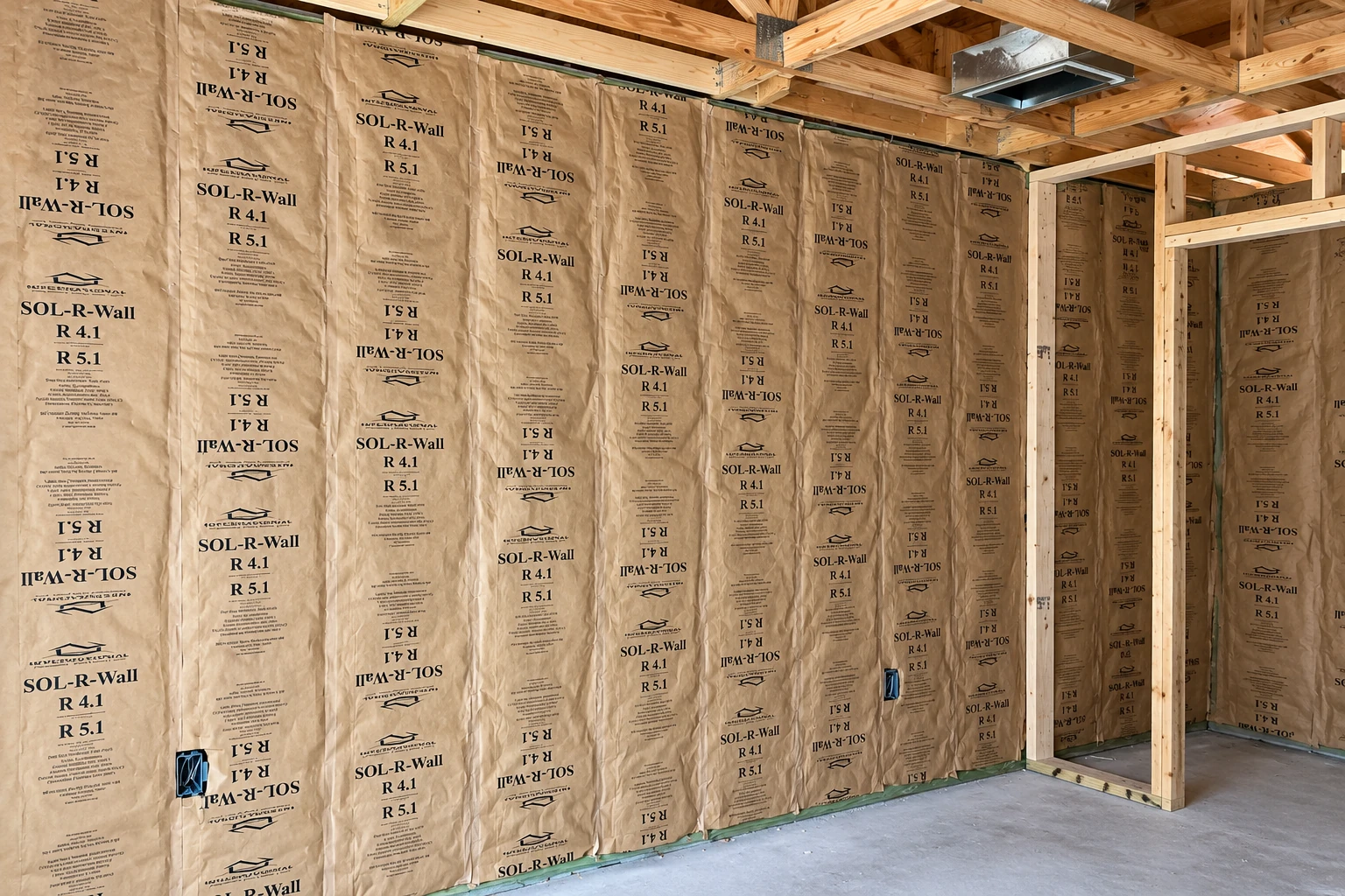 Unfinished room with kraft-faced insulation fitted between exposed wall studs and ceiling joists.