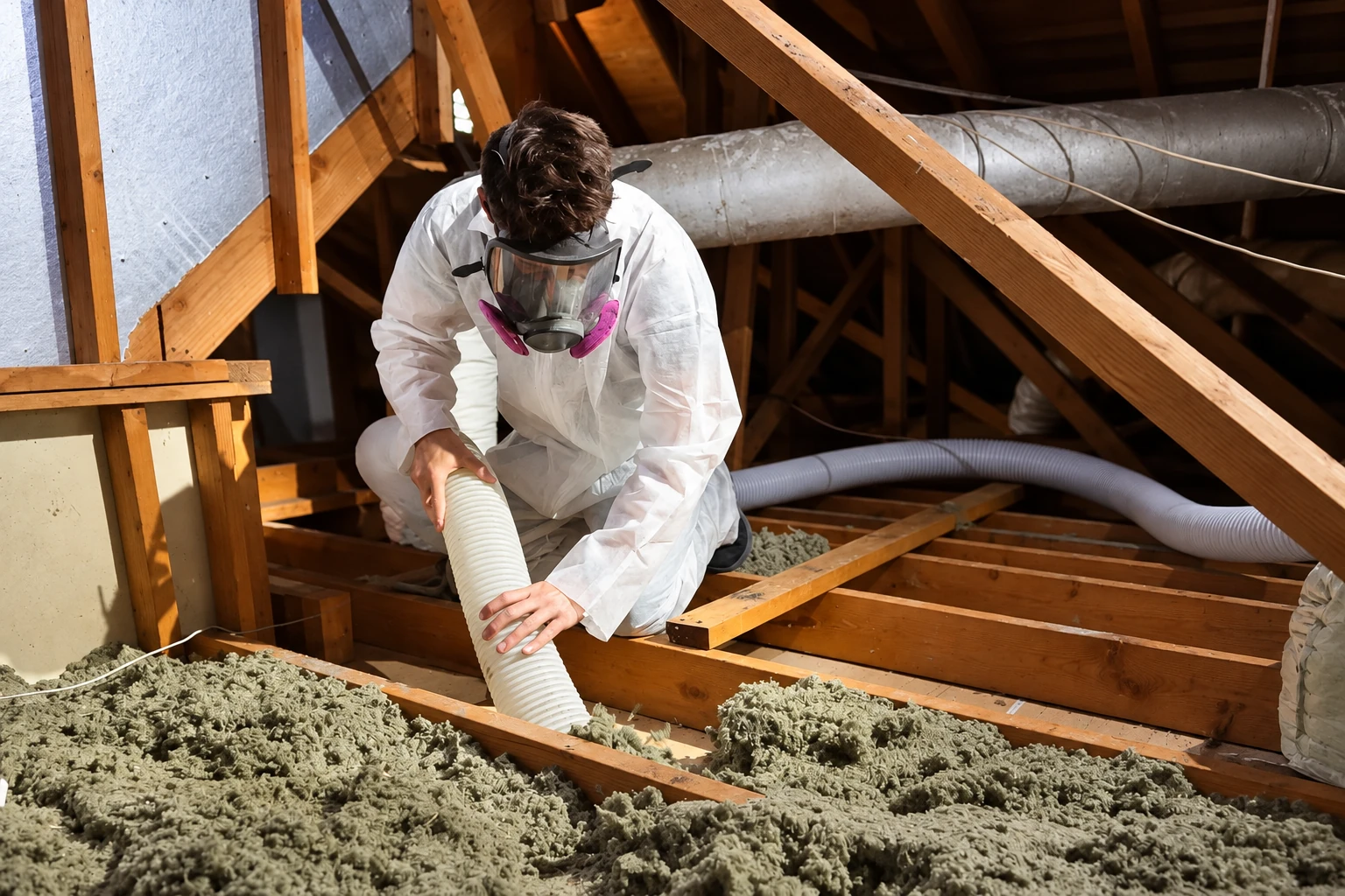 A worker in protective coveralls and a respirator uses a hose to remove loose insulation from an attic.