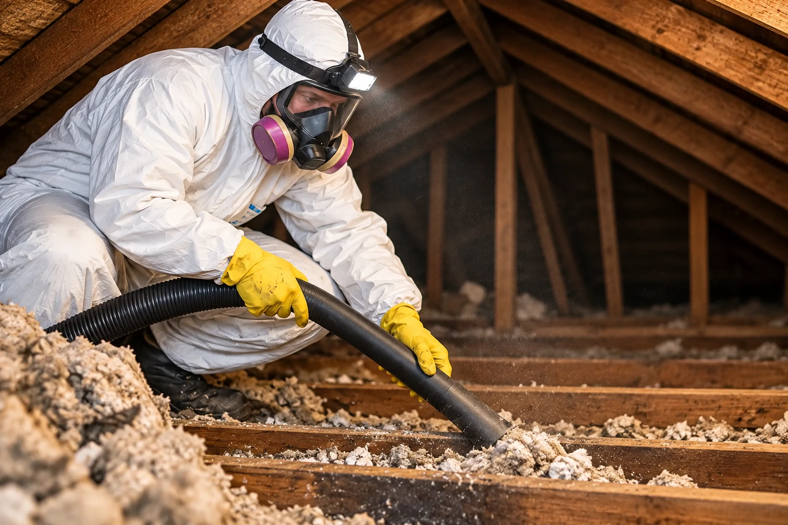 A worker in protective gear uses a vacuum hose to remove loose insulation from attic joists.