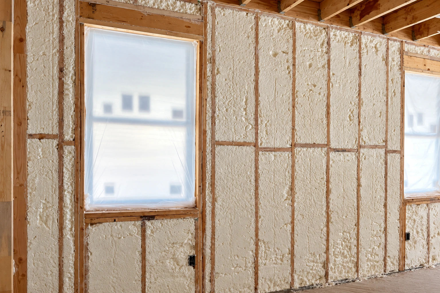 Open-cell foam insulation fills the exposed wall framing around two plastic-covered windows in a wood-framed room.