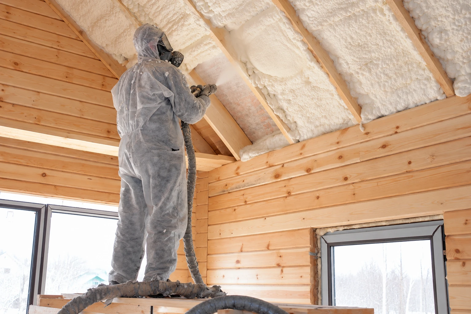 A worker in protective coveralls applies foam insulation between exposed wooden roof rafters.
