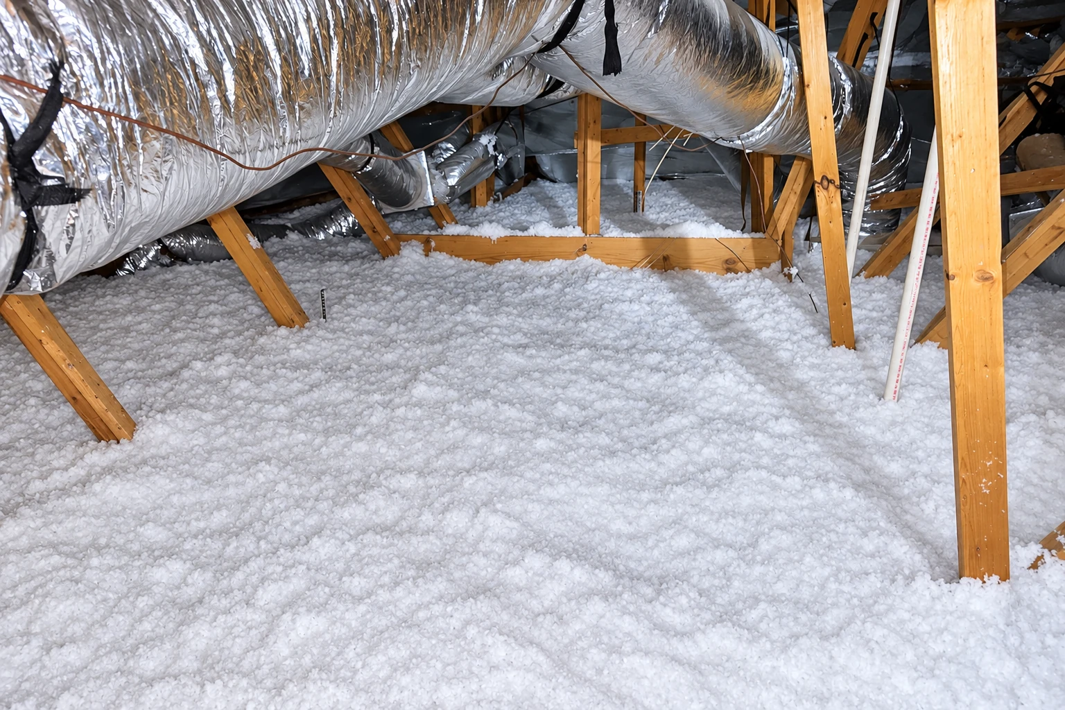 Attic floor covered with thick white blown-in insulation beneath wooden trusses and large silver ducts.