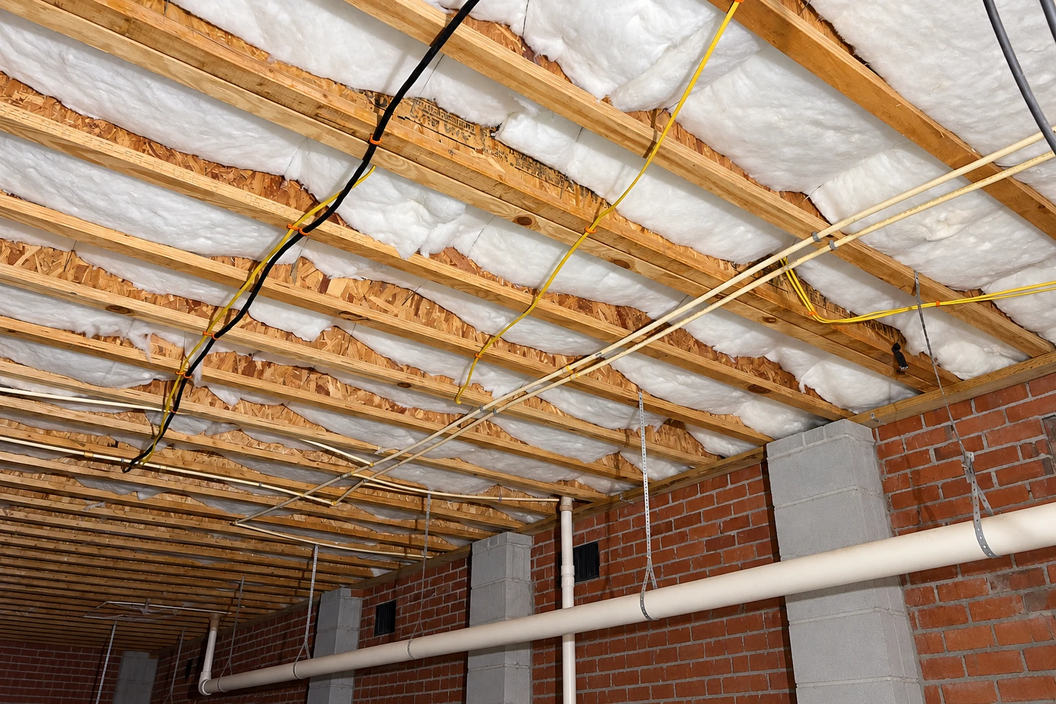 White batt insulation fills the ceiling joists above a basement with exposed brick walls and large pipes.