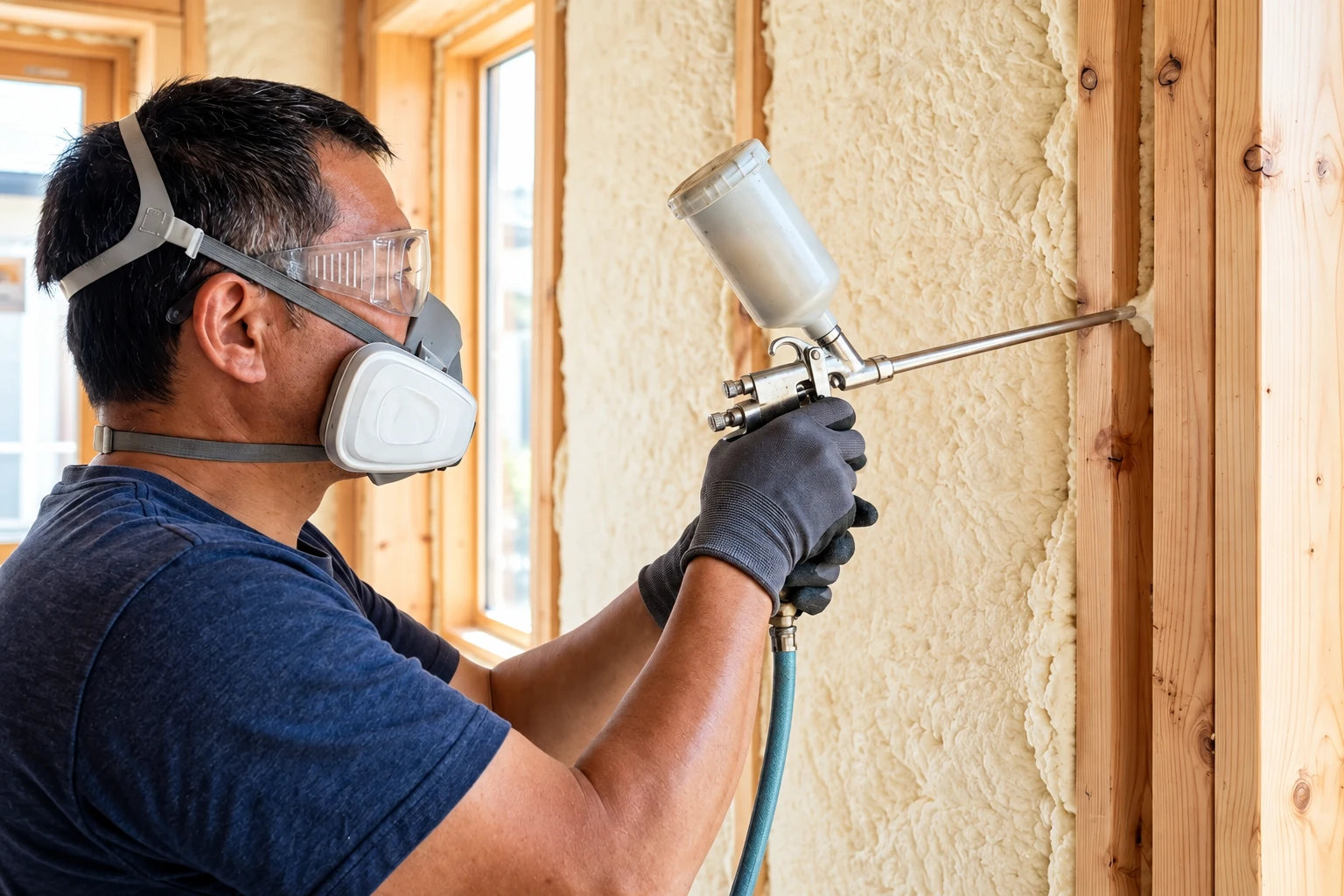 A worker wearing goggles and a respirator sprays foam insulation into a framed wall cavity.