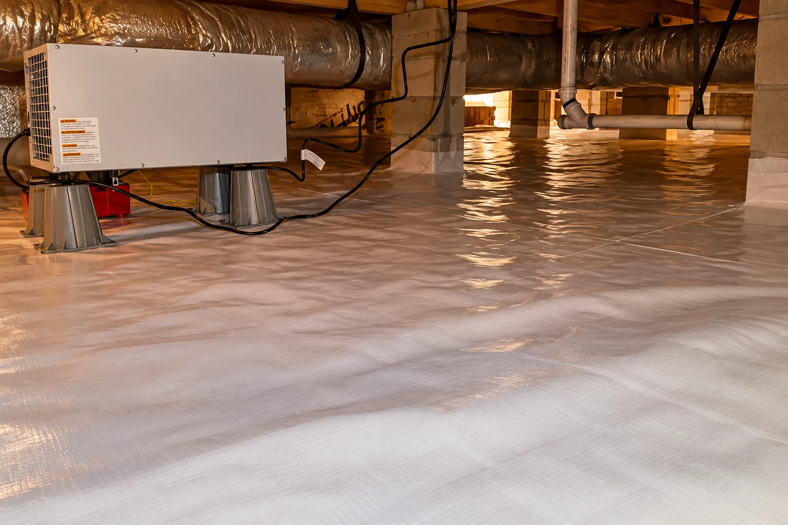 A white vapor barrier covers a crawl space floor beneath ductwork, pipes, and a large dehumidifier.