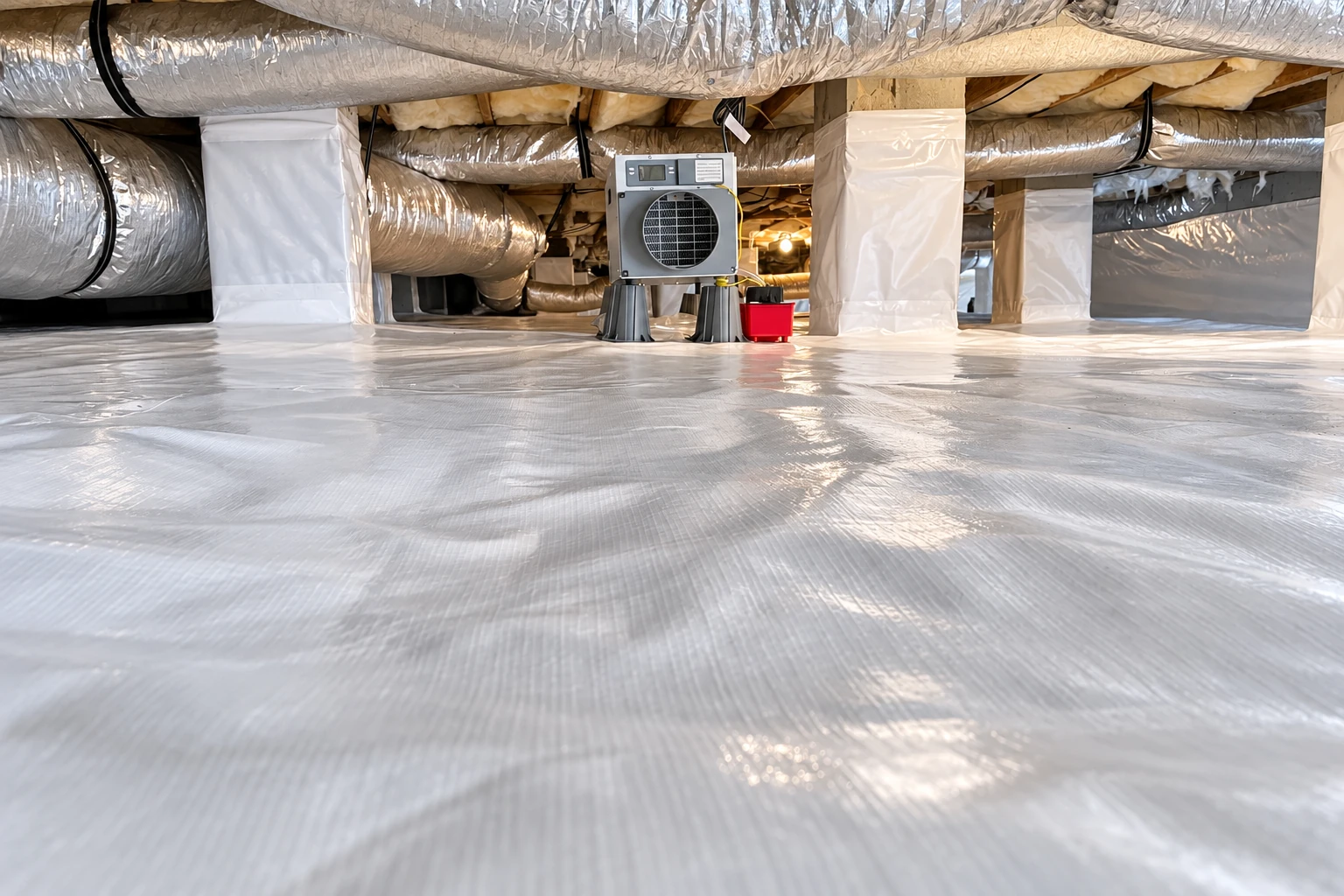 Crawl space with a white vapor barrier covering the floor around support posts, beneath silver ducts and a ventilation unit.